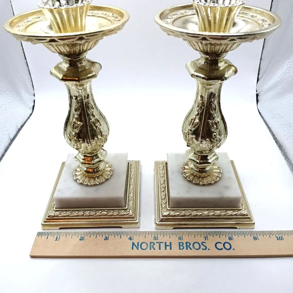 MCM Candle Holders Italian Marble Base Dilly Mfg Co. Gold Hollywood Regency 9